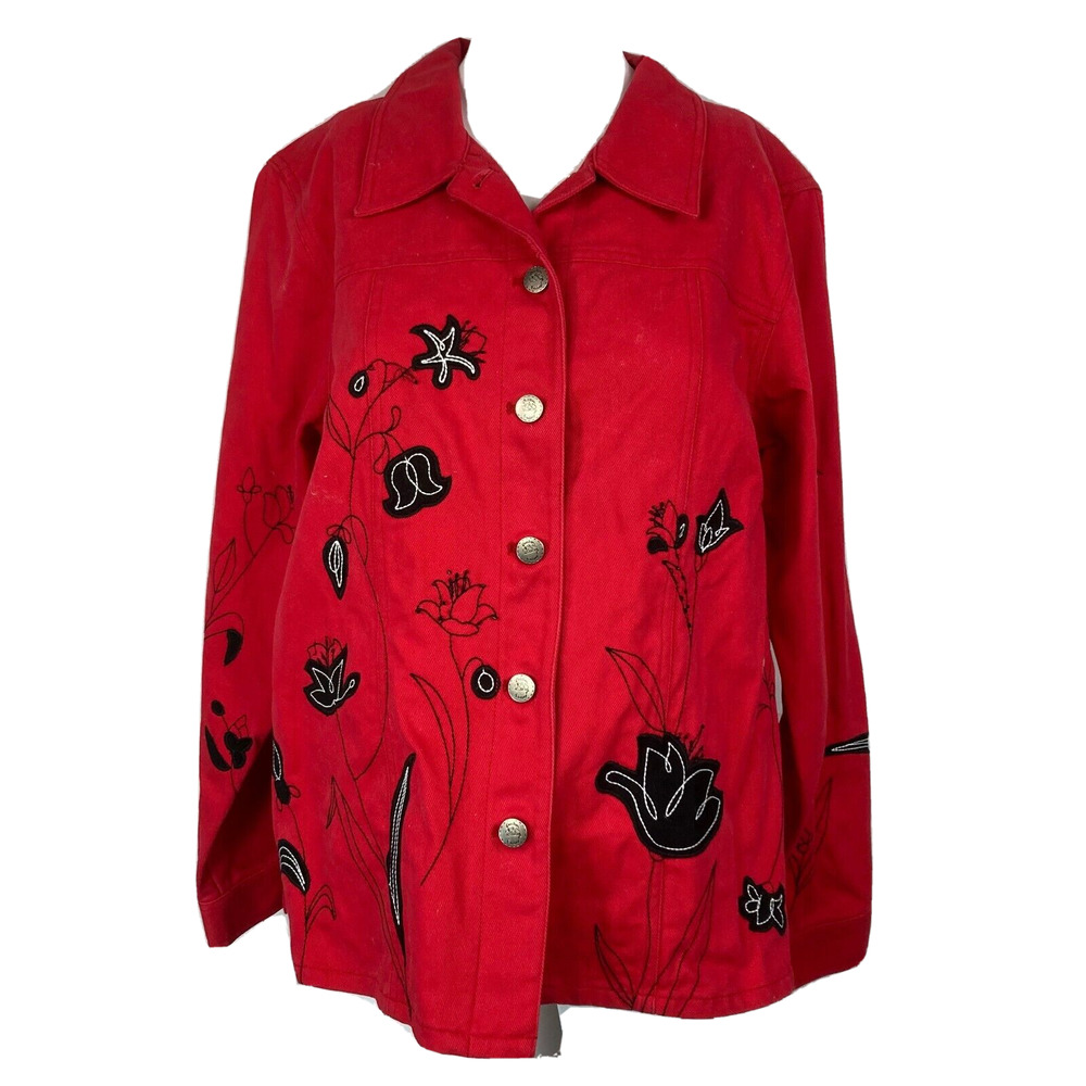 The Quacker Factory Jacket Womens Sz‎ M Red Black Floral Cotton Pocket Denim